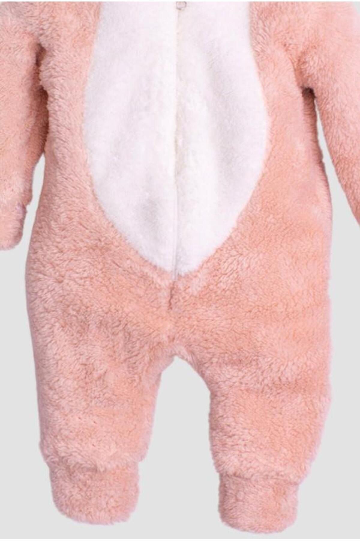 KışlıkTatlı Peluş Tavşan Nakışlı Kapüşonlu Welsoft Tulum